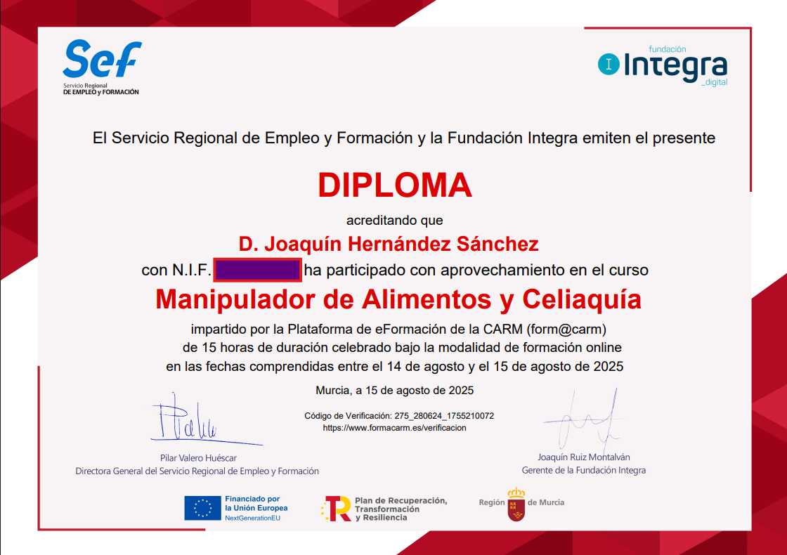 Diploma Manipulador de Alimentos y Celiaquía